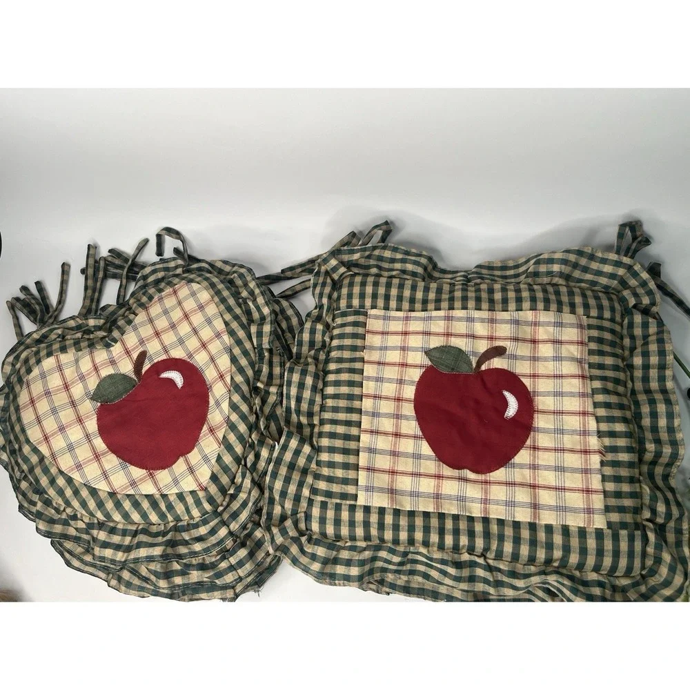 Vintage Primitive Apple Chair Cushions Set of 7 Green Gingham Plaid Tie-On READ